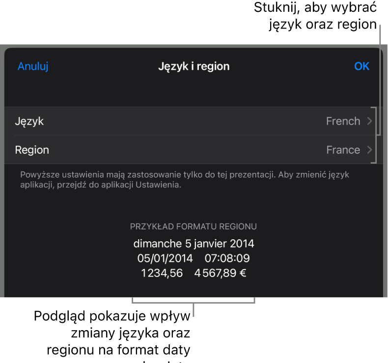 Panel Język i region z narzędziami do ustawień języka i regionu, a także przykład formatu zawierający datę, czas, liczbę dziesiętną oraz walutę.