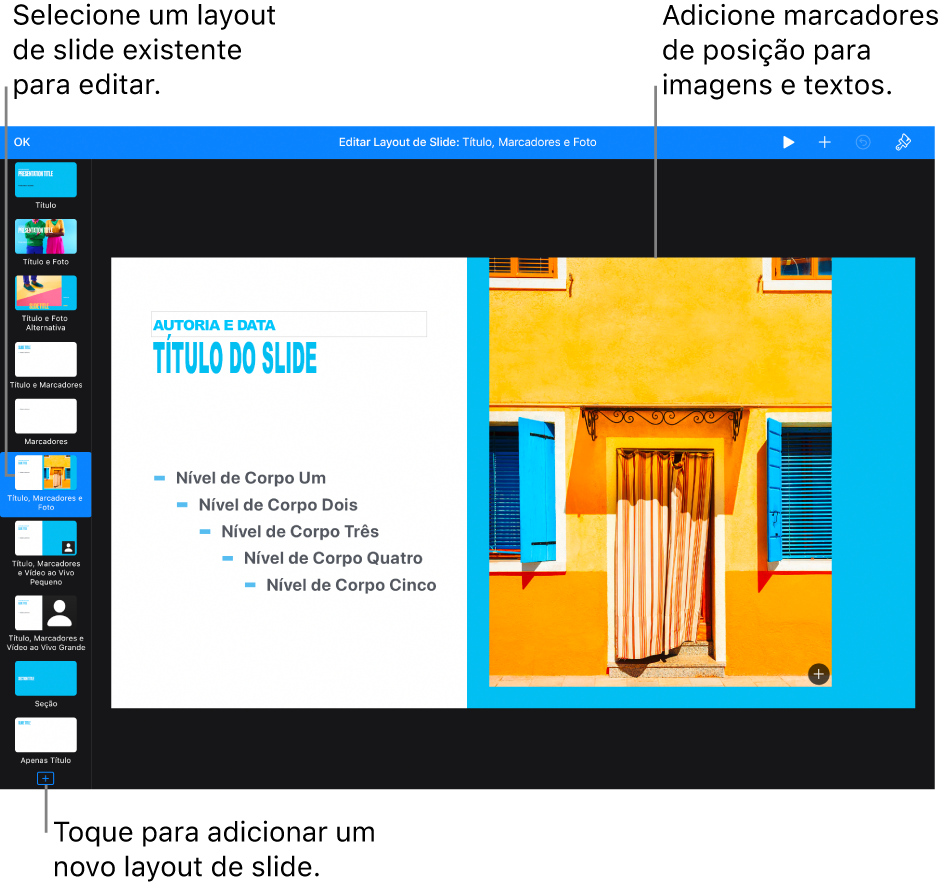 Um layout de slide exibido na tela de slides, com o botão “Adicionar um Layout de Slide” na parte inferior do navegador de slides.