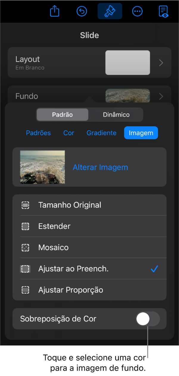Controles de Fundo com uma imagem definida como fundo do slide e o controle “Sobreposição de Cor” na parte inferior.