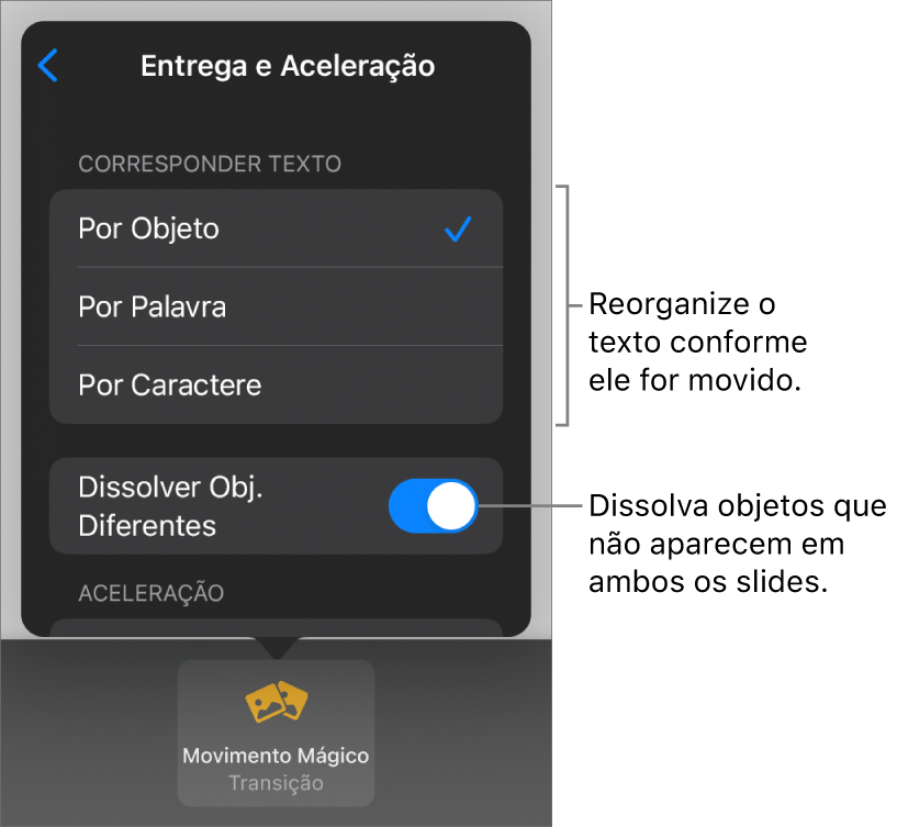 Opções de entrega e aceleração do Movimento Mágico no painel Aceleração.