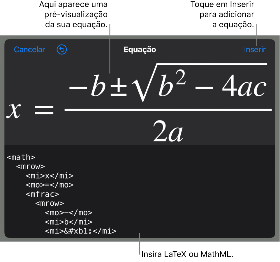 O diálogo de Equação, mostrando uma equação escrita com comandos MathML e uma pré-visualização da fórmula acima.