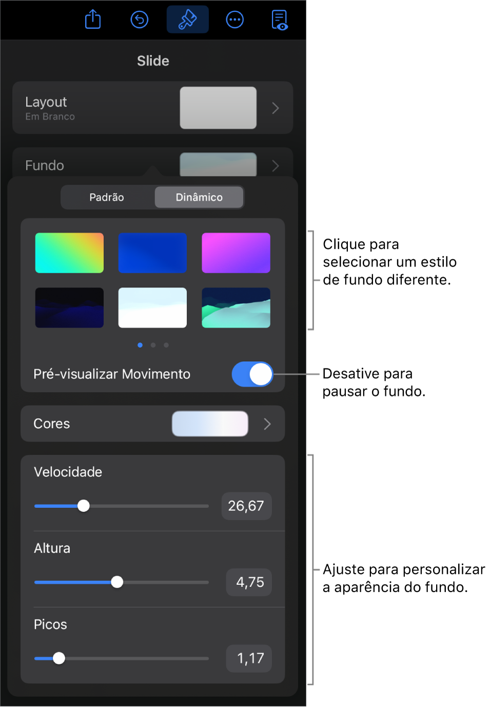 Controles de fundo dinâmico com as miniaturas de estilos de fundo, o botão de pré-visualização do movimento e os controles de personalização sendo mostrados.