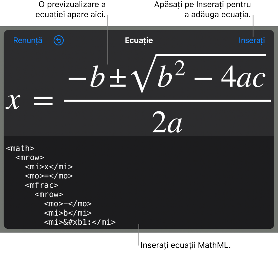 Caseta de dialog Ecuație, afișând o ecuație scrisă cu ajutorul comenzilor MathML și, deasupra, o previzualizare a formulei.