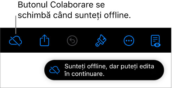 Butoanele din partea de sus a ecranului, cu butonul Colaborare transformat într-un nor traversat de o linie diagonală. Pe ecran apare o alertă „Sunteți offline, dar puteți edita în continuare”.