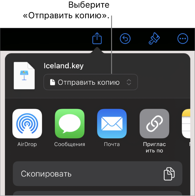 В верхней части меню «Поделиться» выбран параметр «Отправить копию».