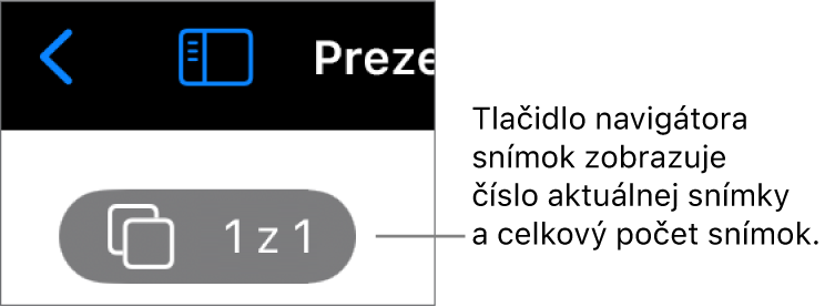 Tlačidlo navigátora snímok zobrazujúce aktuálne číslo snímky a celkový počet snímok v prezentácii.