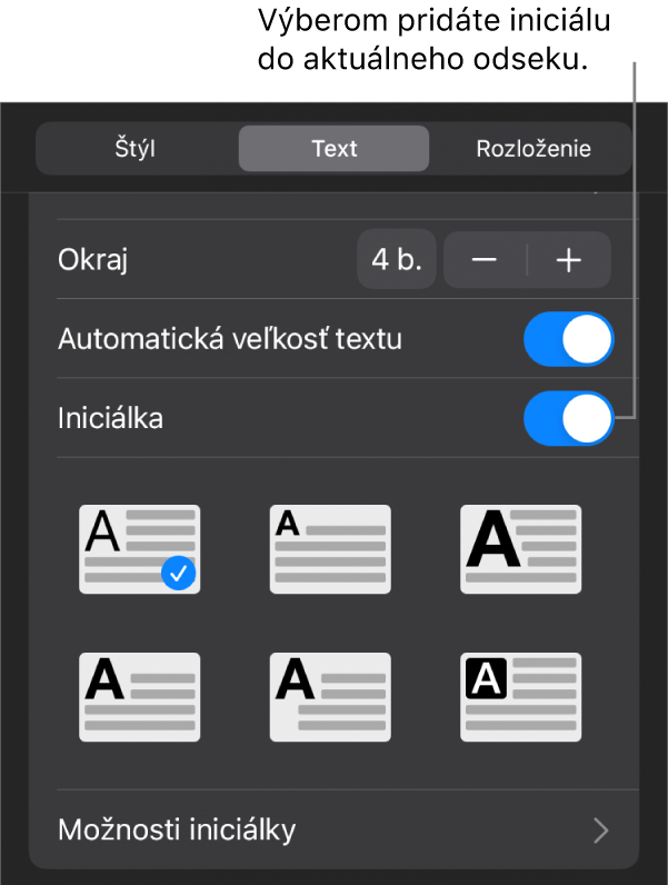 Ovládacie prvky Iniciálka v menu Text.