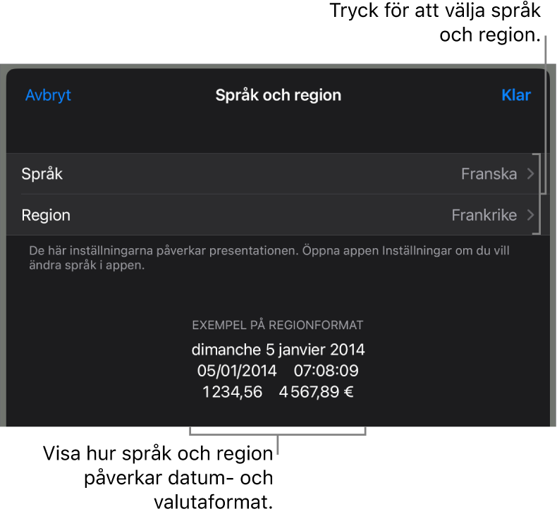 Panelen Språk och region med reglage för språk och region samt ett formatexempel med datum, tid, decimal och valuta.