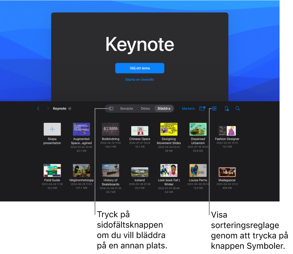 Bläddringsvyn i presentationshanteraren med sidofältsknappen i det övre vänstra hörnet. Överst till höger finns lägg till-knappen, knappen för ny mapp, symbolknappen (för att sortera efter namn, datum, storlek eller tagg), valknappen och sökknappen. Nedanför dessa finns miniatyrer av befintliga presentationer.