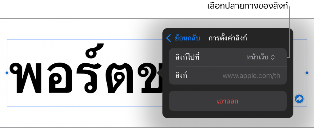 ตัวควบคุมการตั้งค่าลิงก์ที่มีหน้าเว็บถูกเลือกอยู่ และปุ่มเอาออกที่ด้านล่างสุด