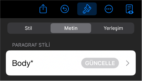 Yanında yıldız ve sağda Güncelle düğmesinin olduğu bir paragraf stili.