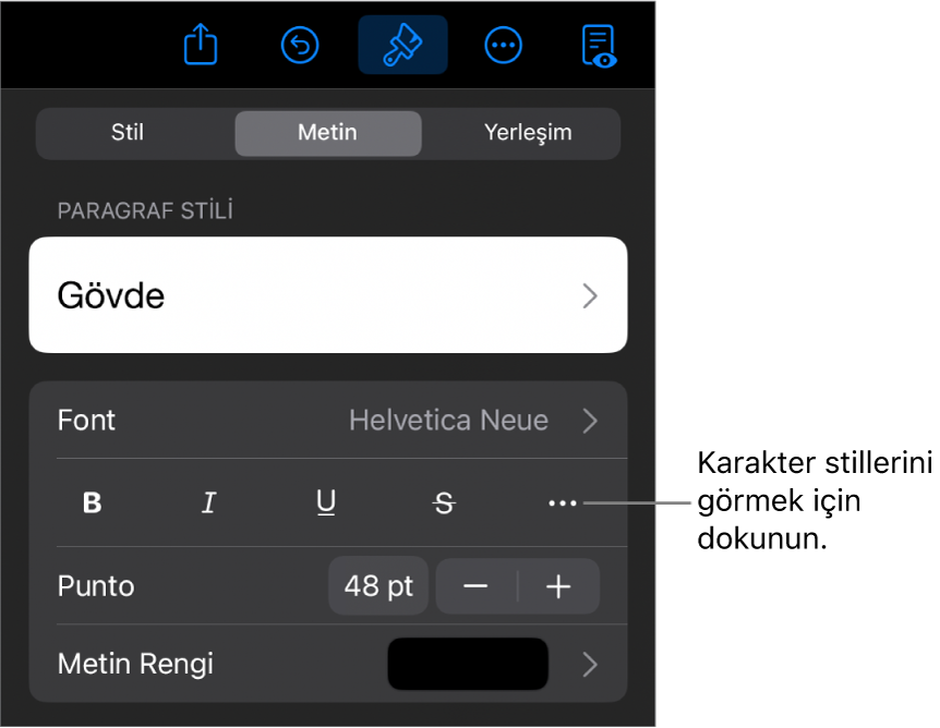 En üstteki paragraf stilleri ile Biçim denetimleri, ardından Font denetimleri. Font’un altında Kalın, İtalik, Altı Çizgili, Üstü Çizgili ve Daha Fazla Metin Seçeneği düğmeleri bulunur.