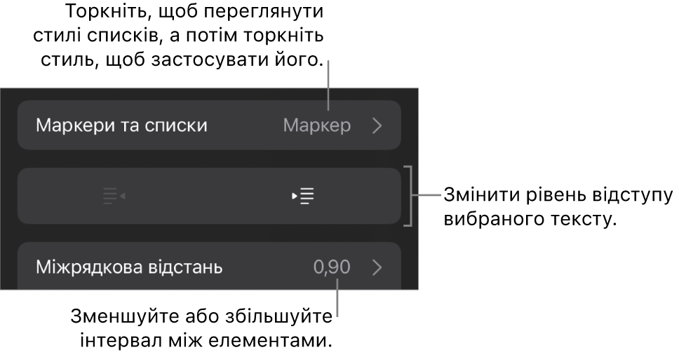 Розділ «Маркери і списки» елементів керування «Формат» з виносками на «Маркери і списки», кнопки виступів і відступів та елементи керування інтервалами.