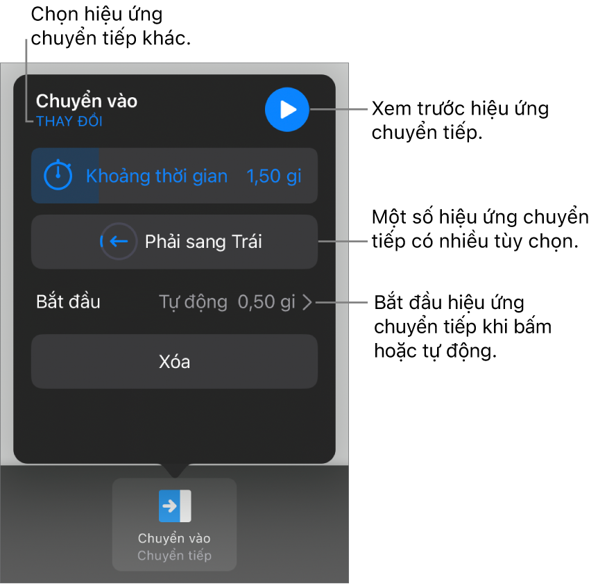 Các điều khiển trong khung Tùy chọn để sửa đổi hiệu ứng chuyển tiếp.