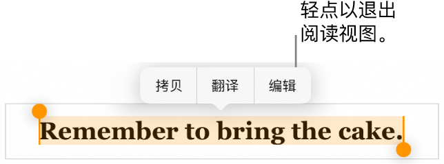 一个句子被选中，其上方是带有“拷贝”和“编辑”按钮的关联菜单。