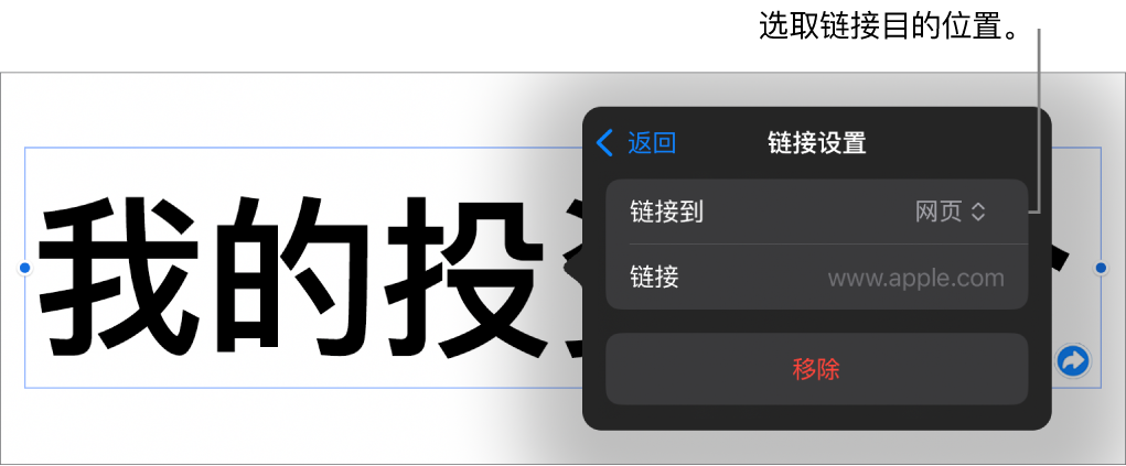 “链接设置”控制，“网页”已选中，“移除”按钮位于底部。