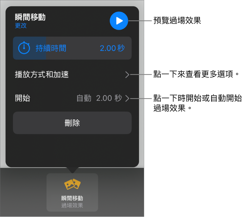 「過場效果」面板中的「瞬間移動」控制項目。