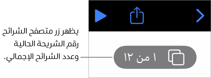 زر متصفح الشرائح يعرض رقم الشريحة الحالية والعدد الإجمالي للشرائح في العرض التقديمي.