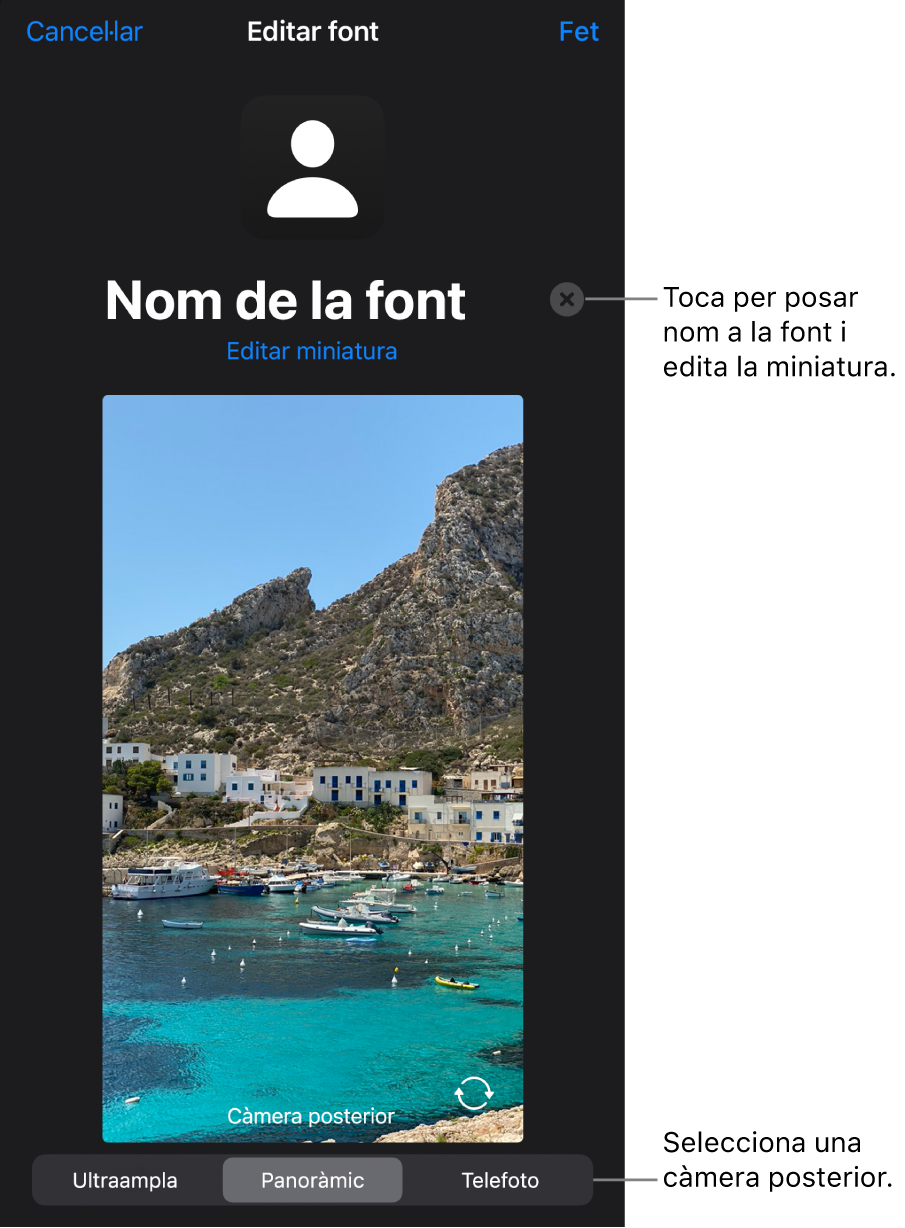 La finestra “Font nova”, amb controls per canviar el nom i la miniatura de la font a sobre d’una previsualització en directe de la càmera. Si l’iPhone té diverses càmeres posteriors, a la part inferior de la pantalla apareixeran botons per seleccionar-les.