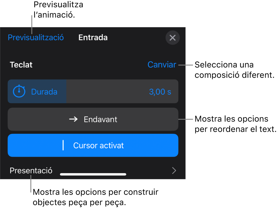 Les composicions d’entrada tenen les opcions Durada, “Animació de text” i Presentació. Toca Canviar per seleccionar una entrada diferent, o toca Previsualitzar per previsualitzar la composició.