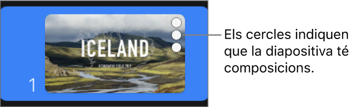 Una diapositiva amb tres cercles a l’angle superior dret que indiquen que la diapositiva conté composicions.