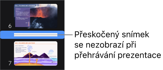 Navigátor snímků s přeskočeným snímkem znázorněným vodorovnou čárou