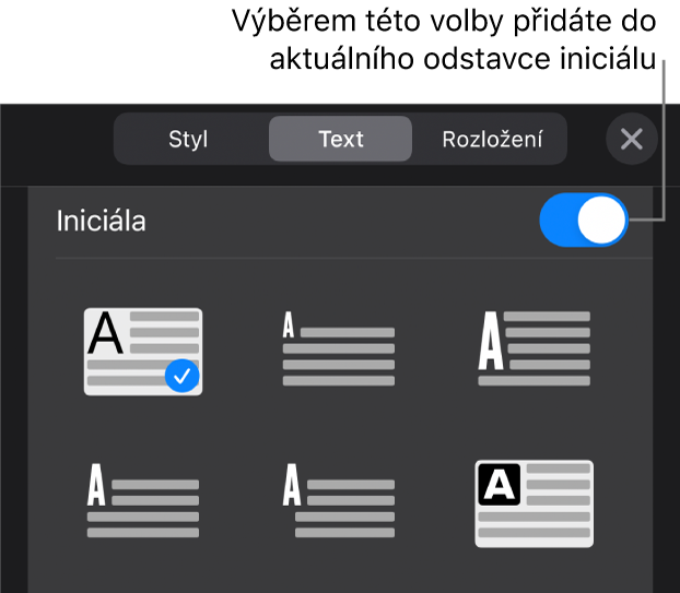 Ovládací prvky pro volbu Iniciála v nabídce Text