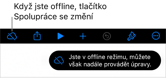 Tlačítka u horního okraje obrazovky, mezi nimiž je tlačítko Spolupráce změněné na ikonu mraku přeškrtnutého diagonální linkou. Na obrazovce se zobrazí upozornění „Jste v offline režimu, můžete však nadále provádět úpravy.“