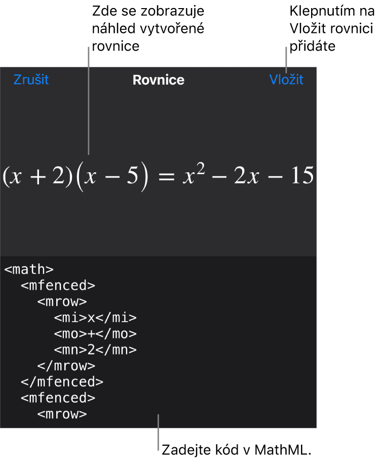 Dialogové okno Rovnice, v němž se zobrazuje zápis rovnice pomocí příkazů jazyka MathML a nad ním náhled výsledného vzorce
