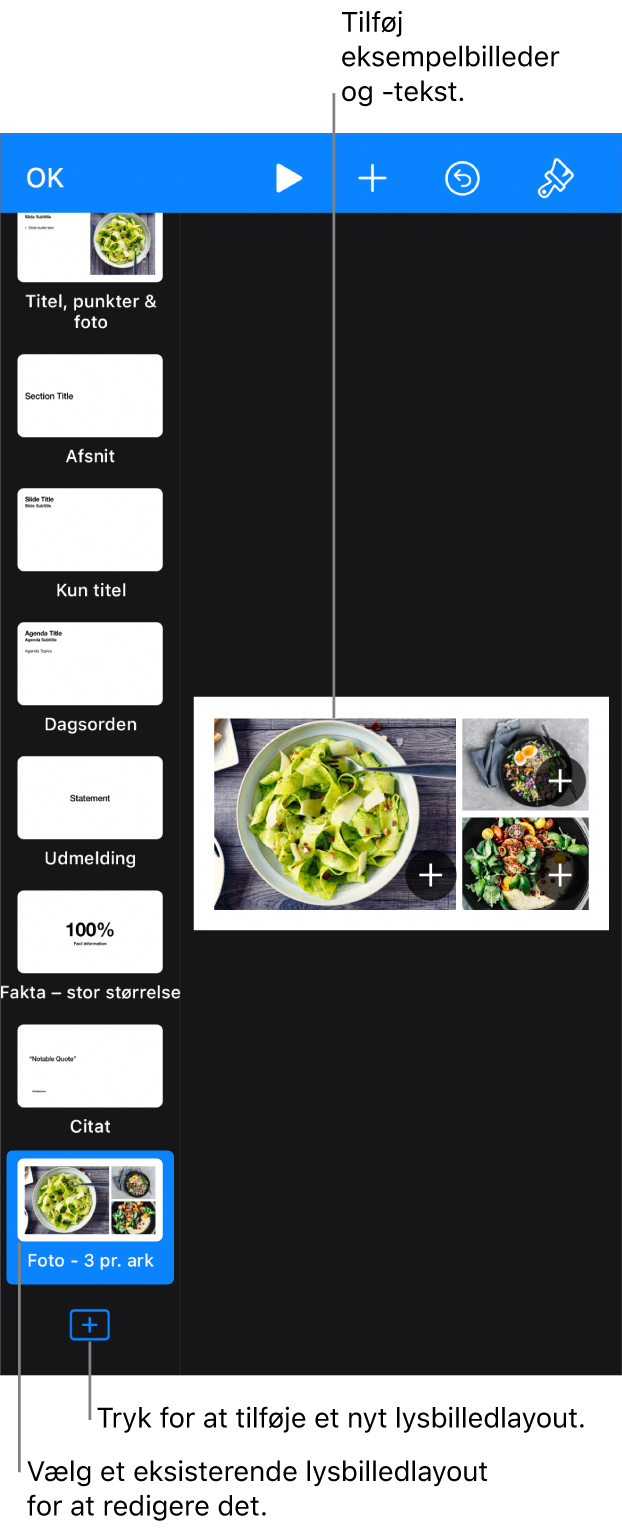 Et lysbilledlayout vises på lysbilledlærredet med knappen Tilføj lysbilledlayout nederst i lysbillednavigatoren.
