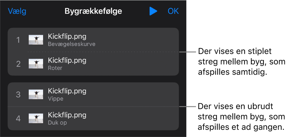 Menuen Bygrækkefølge med en stiplet streg mellem byg, der afspilles samtidig, og en ubrudt streg mellem byg, der afspilles et ad gangen.