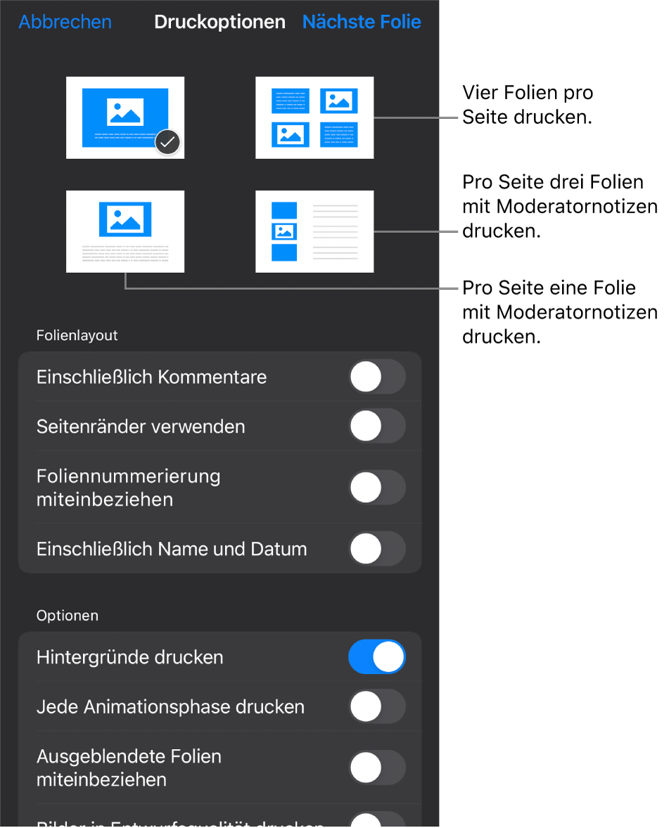 Optionen für das Drucklayout.