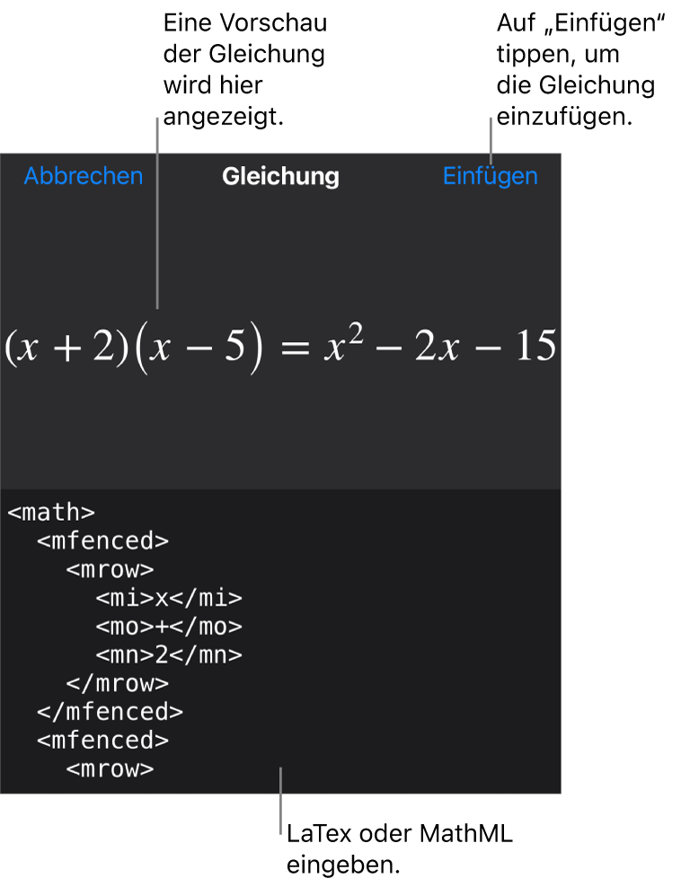 Im Dialogfenster „Gleichung“ wird eine Gleichung angezeigt, die mit MathML-Befehlen geschrieben wurde, darüber wird eine Vorschau der Formel angezeigt.