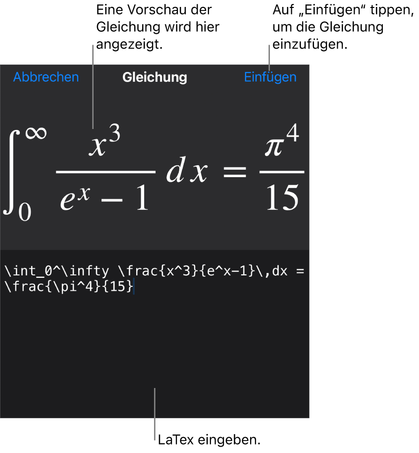 Im Dialogfenster „Gleichung“ wird eine Gleichung angezeigt, die mit LaTex-Befehlen geschrieben wurde, darüber wird eine Vorschau der Formel angezeigt.