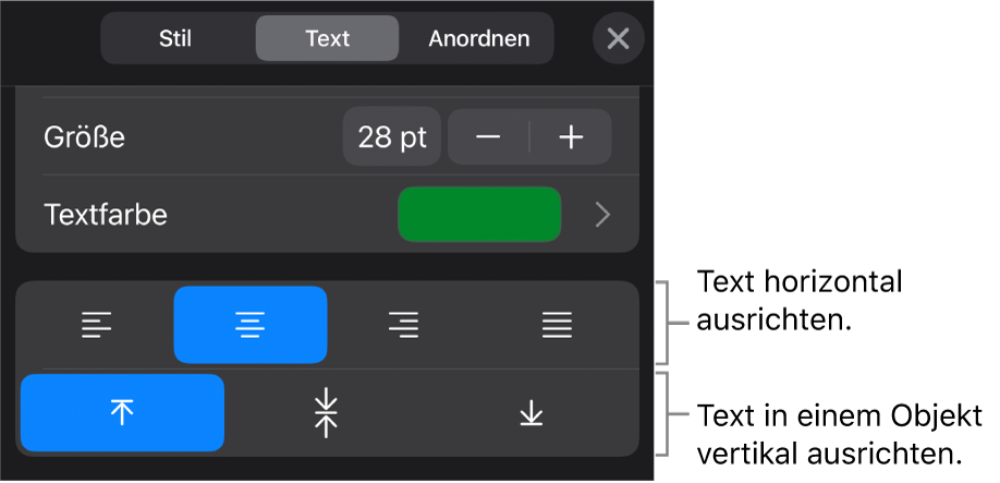 Der Abschnitt „Ausrichtung“ im Menü der Taste „Format“ mit Beschriftungen für die Ausrichtungstasten für Text