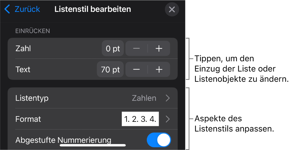 Das Menü „Listenstil bearbeiten“ mit Steuerelementen zum Bearbeiten des Typs und Erscheinungsbilds der Liste.