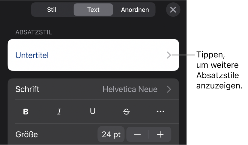 Das Menü „Format“ mit Textsteuerelementen zum Festlegen von Absatz- und Zeichenstilen, Schrift, Größe und Farbe