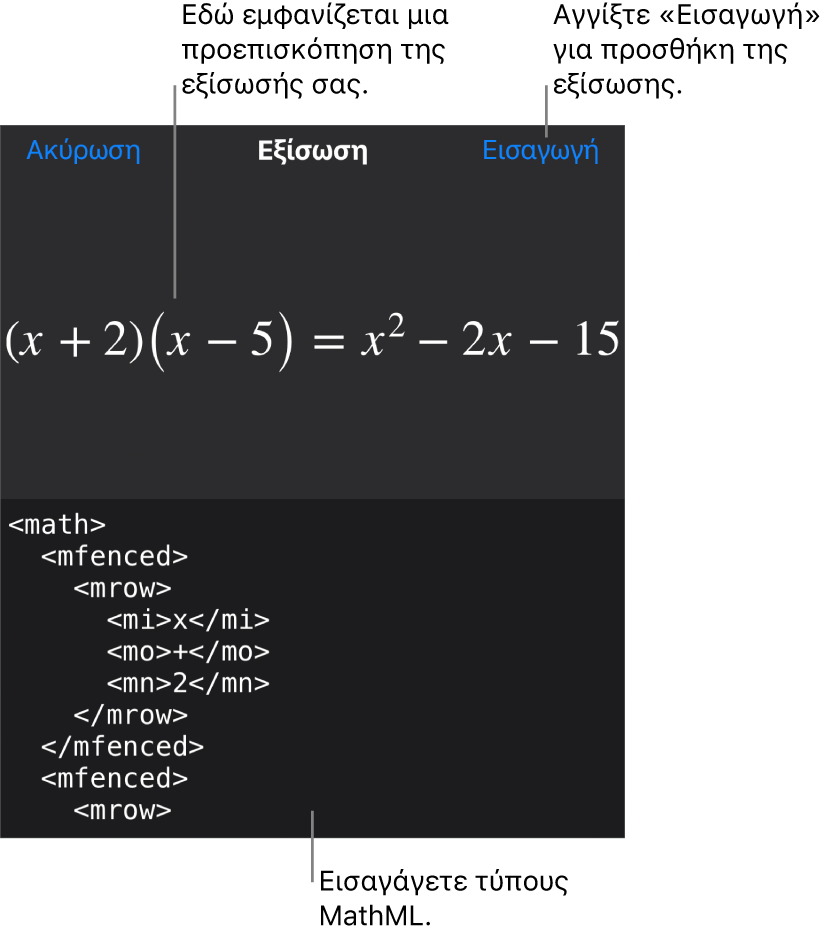 Το πλαίσιο διαλόγου «Εξίσωση», στο οποίο εμφανίζεται μια εξίσωση που έχει γραφεί με χρήση εντολών MathML και μια προεπισκόπηση του τύπου από πάνω.