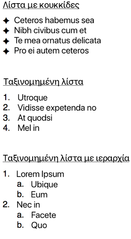 Παραδείγματα για λίστες με κουκκίδες, ταξινομημένες και ταξινομημένες λίστες με ιεραρχία.