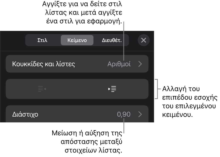 Η ενότητα «Κουκκίδες και λίστες» των στοιχείων ελέγχου Μορφής με επεξηγήσεις στις «Κουκκίδες και λίστες», κουμπιά προεξοχής και εσοχής και στοιχεία ελέγχου διάστιχου γραμμών.