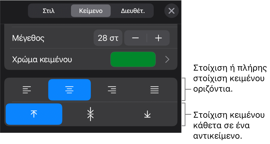 Η ενότητα «Στοίχιση» του κουμπιού «Μορφή» με επεξηγήσεις στα κουμπιά στοίχισης και απόστασης κειμένου.