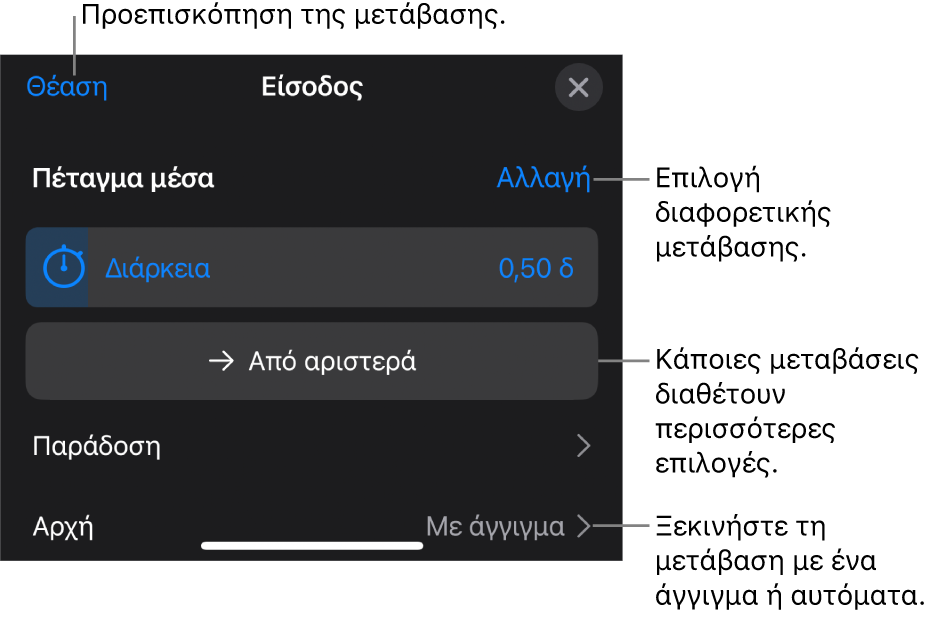 Στοιχεία ελέγχου στο τμήμα «Επιλογές» για τροποποίηση μετάβασης.