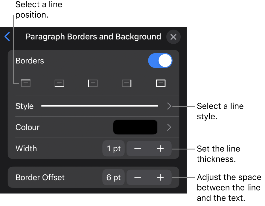 Controls to change the line style, thickness, position and colour.