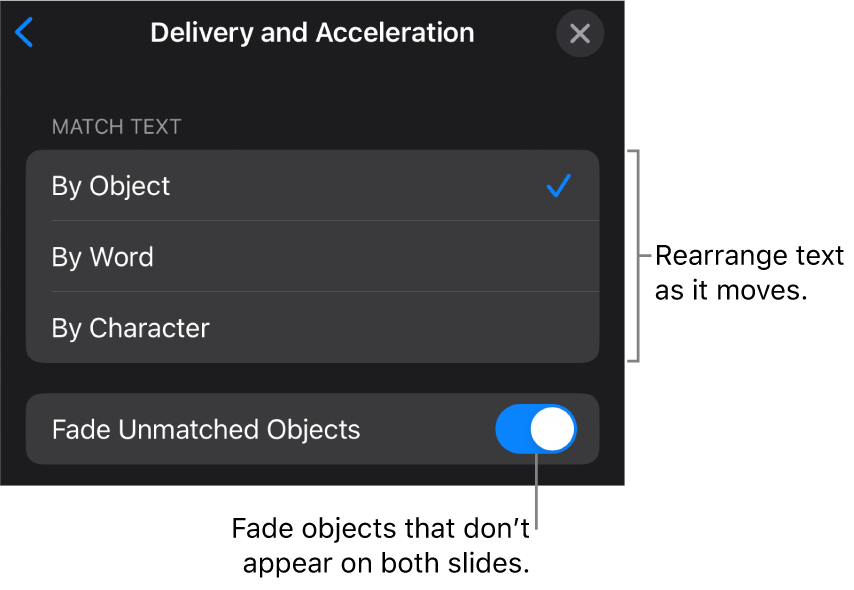 Magic Move delivery and acceleration options in the Acceleration pane.