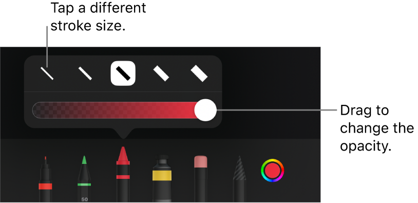 Controls for choosing a stroke size and a slider for adjusting the opacity.