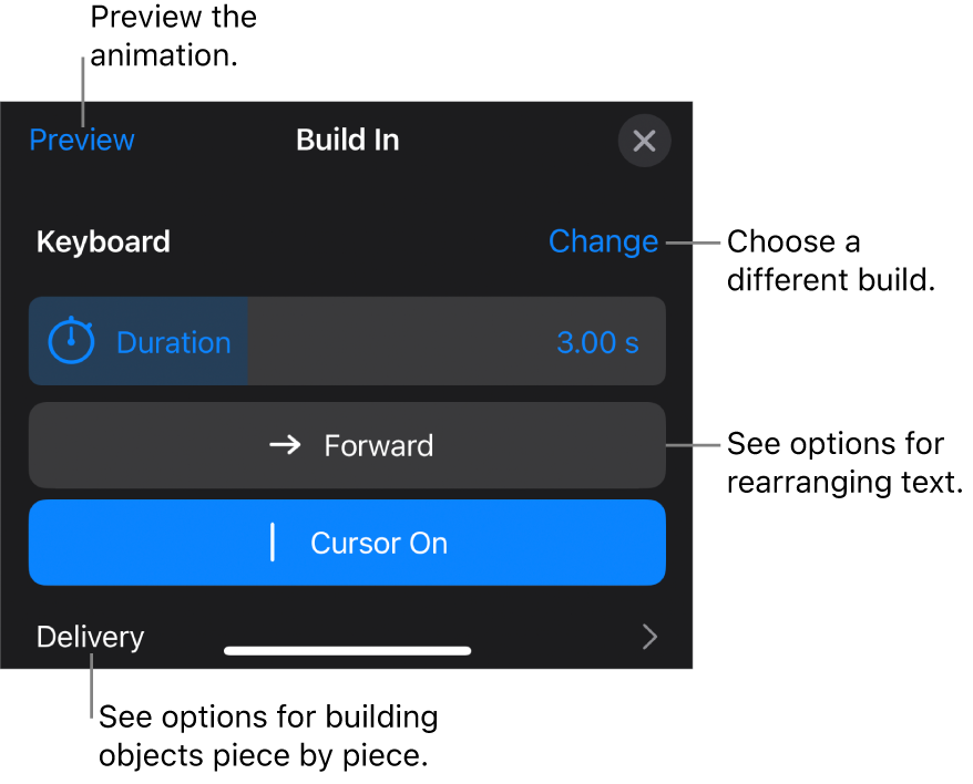 Build options include Duration, Text Animation and Delivery. Tap Change to choose a different build, or tap Preview to preview the build.