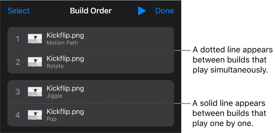 The Build Order menu, with a dotted line appearing between builds that play simultaneously and a solid line between builds that play one by one.