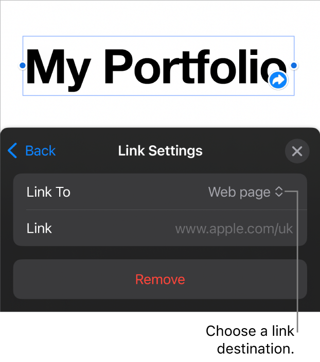 The Link Settings controls with Web Page selected, and the Remove button at the bottom.