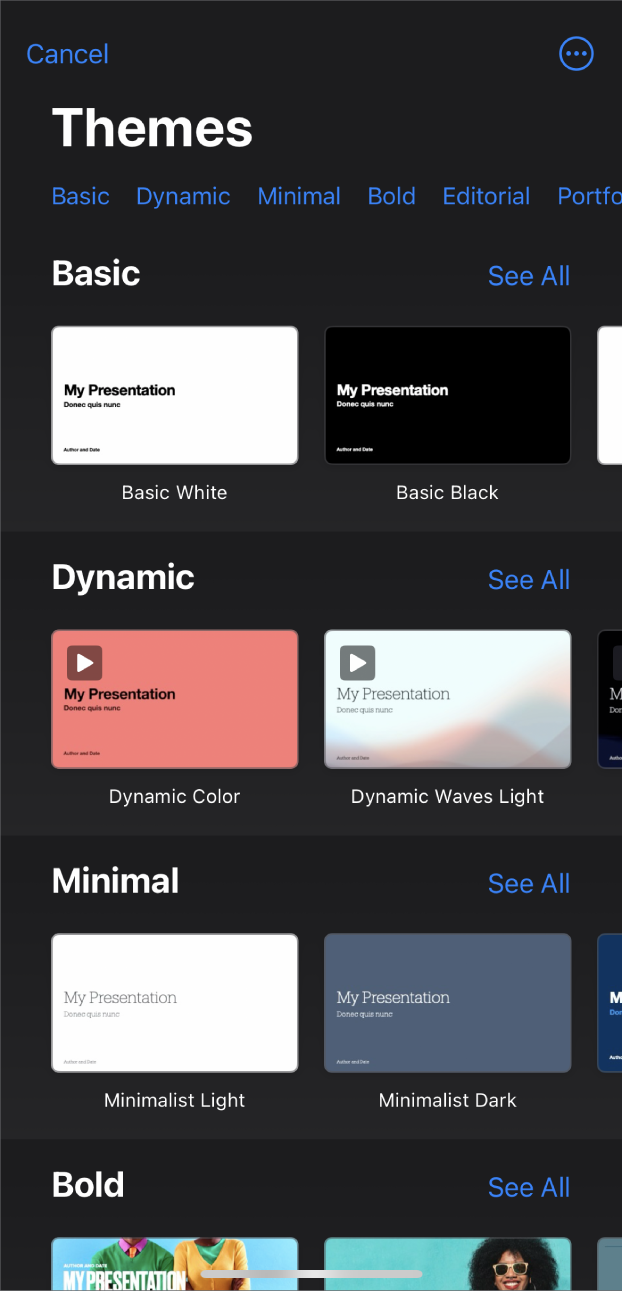 The theme chooser, showing a row of categories across the top that you can tap to filter the options. Below are thumbnails of predesigned themes arranged in rows by category.