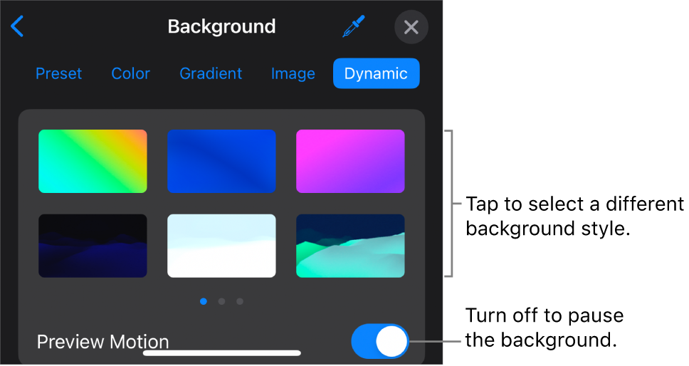 The dynamic background controls with the background style thumbnails and Preview Motion button displayed.